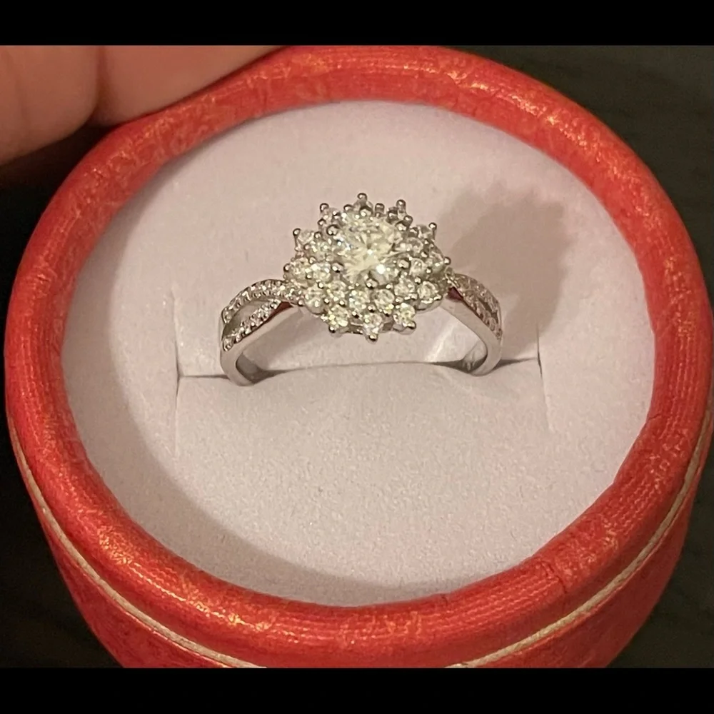Sterling Silver Moissanite White Flower Engagement Ring - Picture 6 of 10